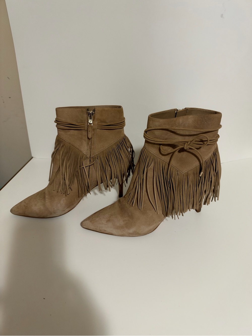 Sam Edelman Suede Fringe Pointed-Toe Ankle Boots in Taupe